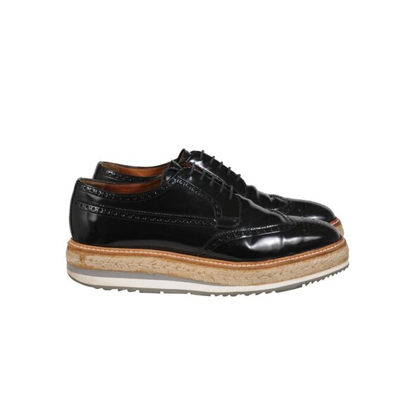 Prada Men Platform Brogue US8.5 UK7.5 Black Leather Wingtip Espadrille Medallion main image 12